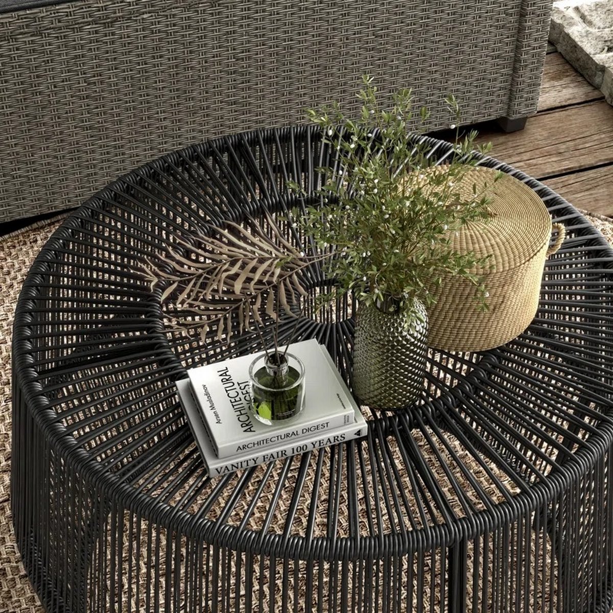 Garden Rope Table Iron and Double Rope Outdoor Table - Black - 40 × 50 × 50 cm
