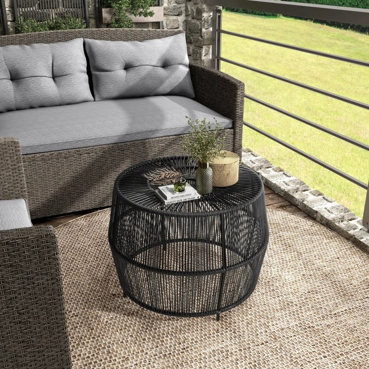 Iron and Double Rope Outdoor Table - Black - 40 × 50 × 50 cm