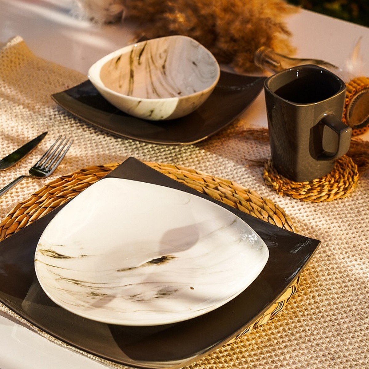 Square Marble Dinnerware Sets Kitchen Porcelain Square Shape